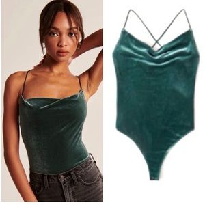 abercrombie & fitch velvet cowlneck teal green bodysuit